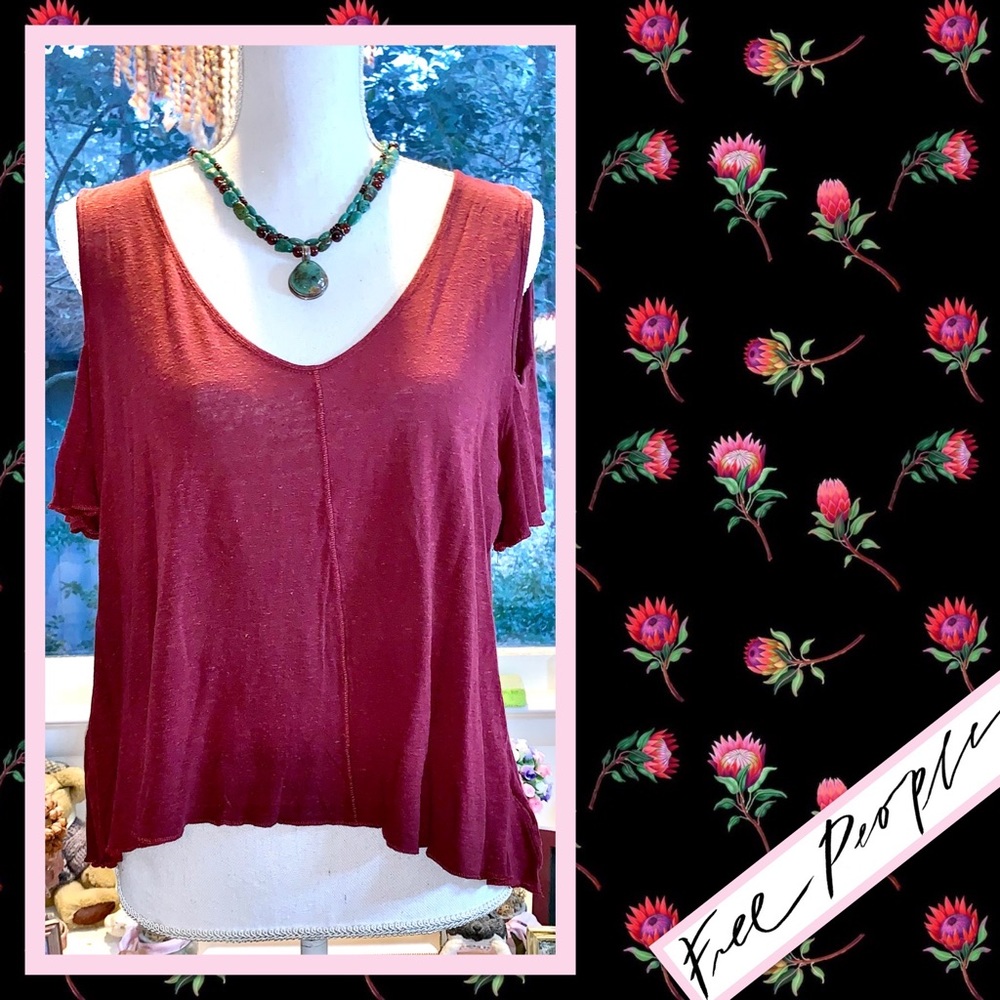 Free People Bittersweet Tee with Shoulder Cutouts EUC in Wine / Burgundy - Picture 7 of 12